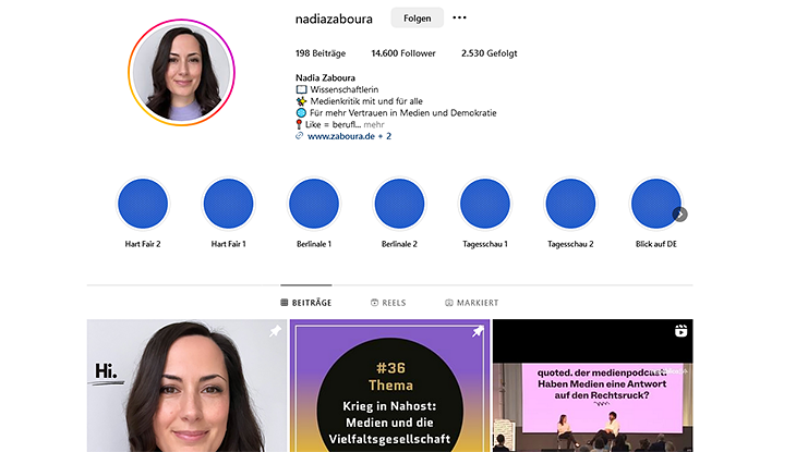 Screenshot Webseite "Medienkritik von Nadia Zaboura auf Instagram"