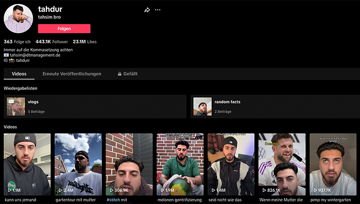 Screenshot Webseite "@tahdur auf TikTok"