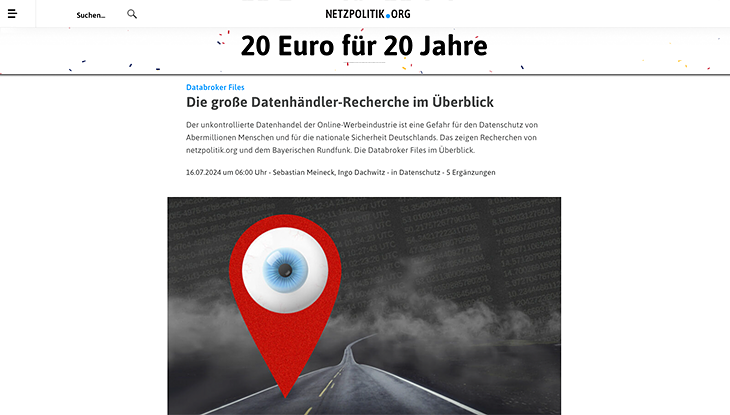 Screenshot Webseite "Databroker-Files-Recherche von netzpolitik.org und BR"